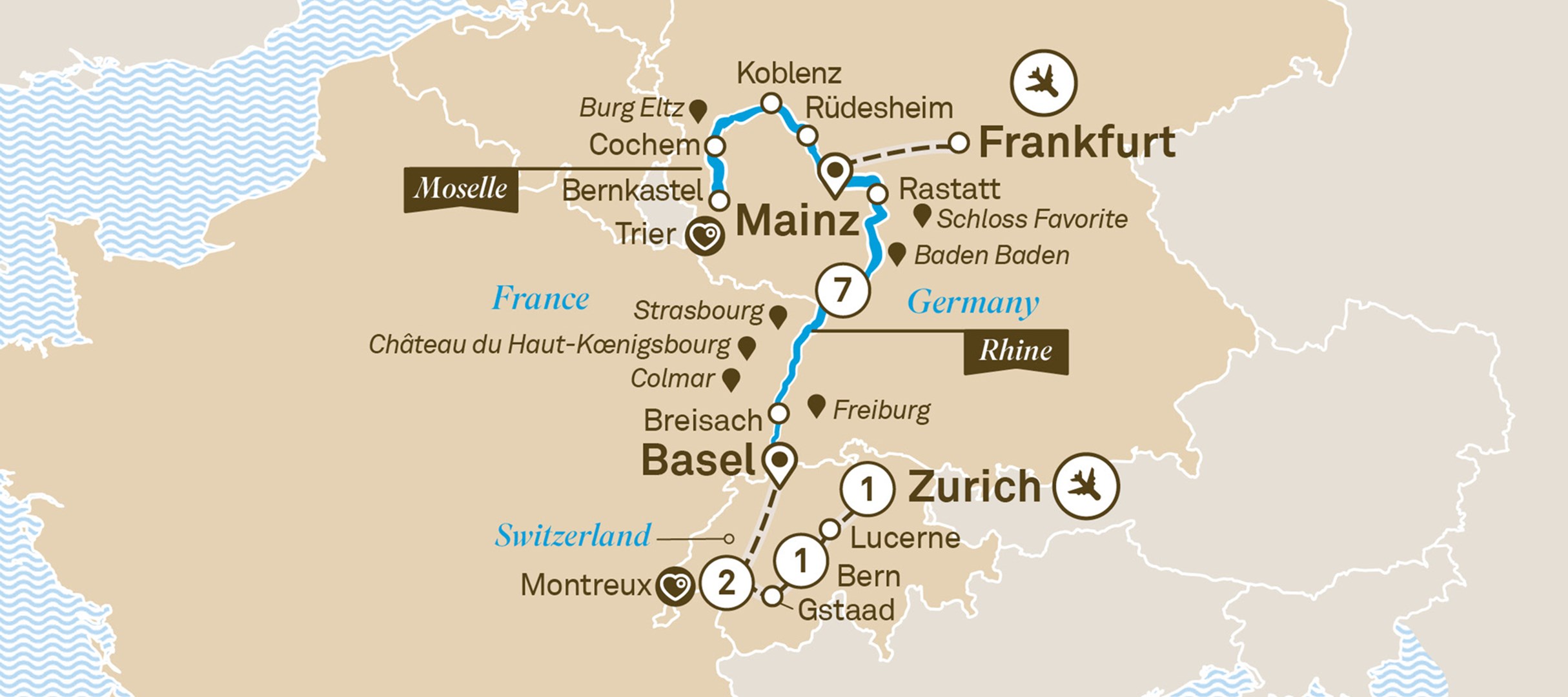 Châteaux, Vignobles du Rhin & Moselle avec la Suisse