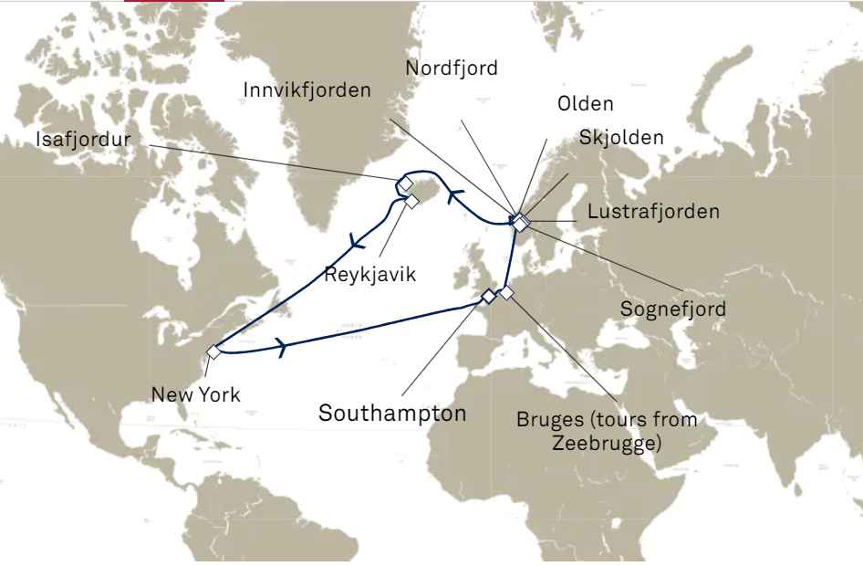 Europe du Nord, Islande, New York départ Southampton (Londres)