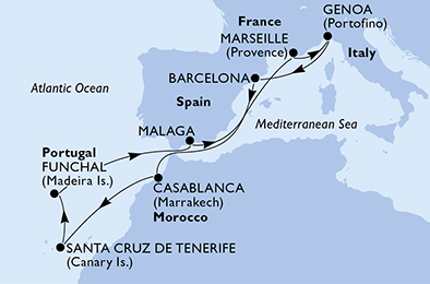 Italie, Espagne, Maroc, Iles Canaries, Portugal, France