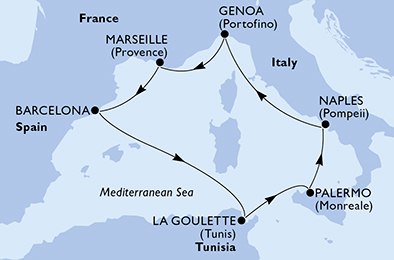 Italie, France, Espagne, Tunisie