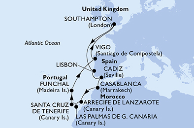 Royaume-Uni, Portugal, Espagne, Maroc, Iles Canaries